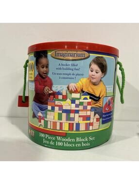 Imaginarium 100 Piece Wooden Block Set Bucket Shape Sorting Lid